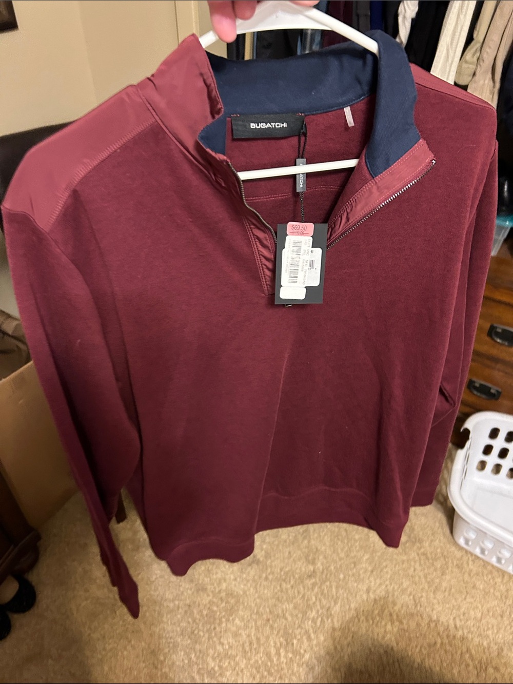 Bugatchi Men's Zip-Up Sweater in Burgundy with Navy Trim